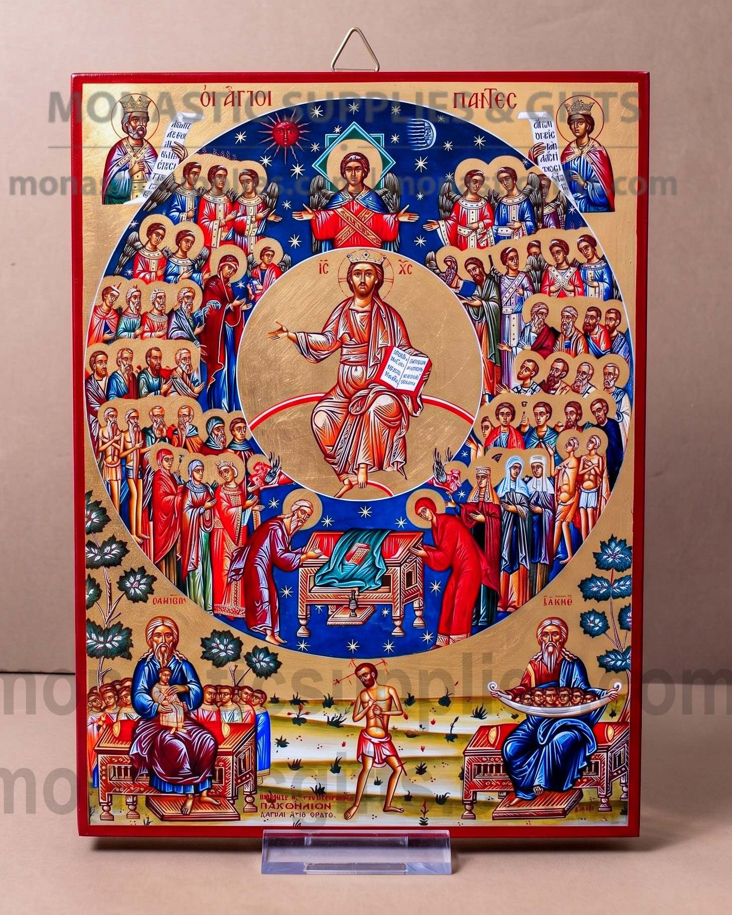 Handcrafted Orthodox gold leaf canvas icon of All Saints patron of all believers on solid wooden panel