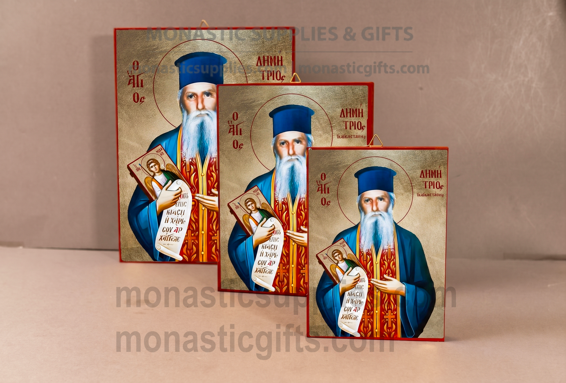 Handcrafted Orthodox gold leaf canvas icon of Saint Demetrios the Great Martyr on solid wooden panel