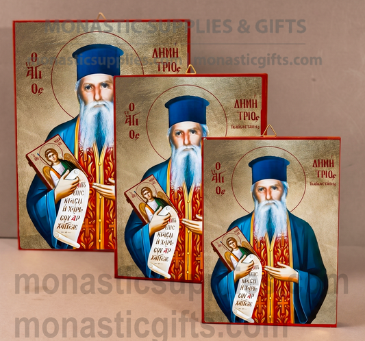 Handcrafted Orthodox gold leaf canvas icon of Saint Demetrios the Great Martyr on solid wooden panel