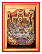 Front view of The Last Supper silk screen Byzantine icon on gessoed canvas with a rich gold background and red borders