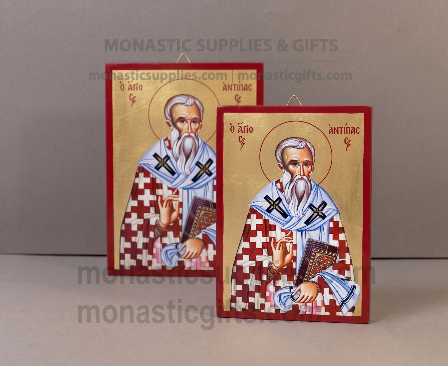 Handcrafted Orthodox gold leaf canvas icon of Saint Antypas on solid wooden panel