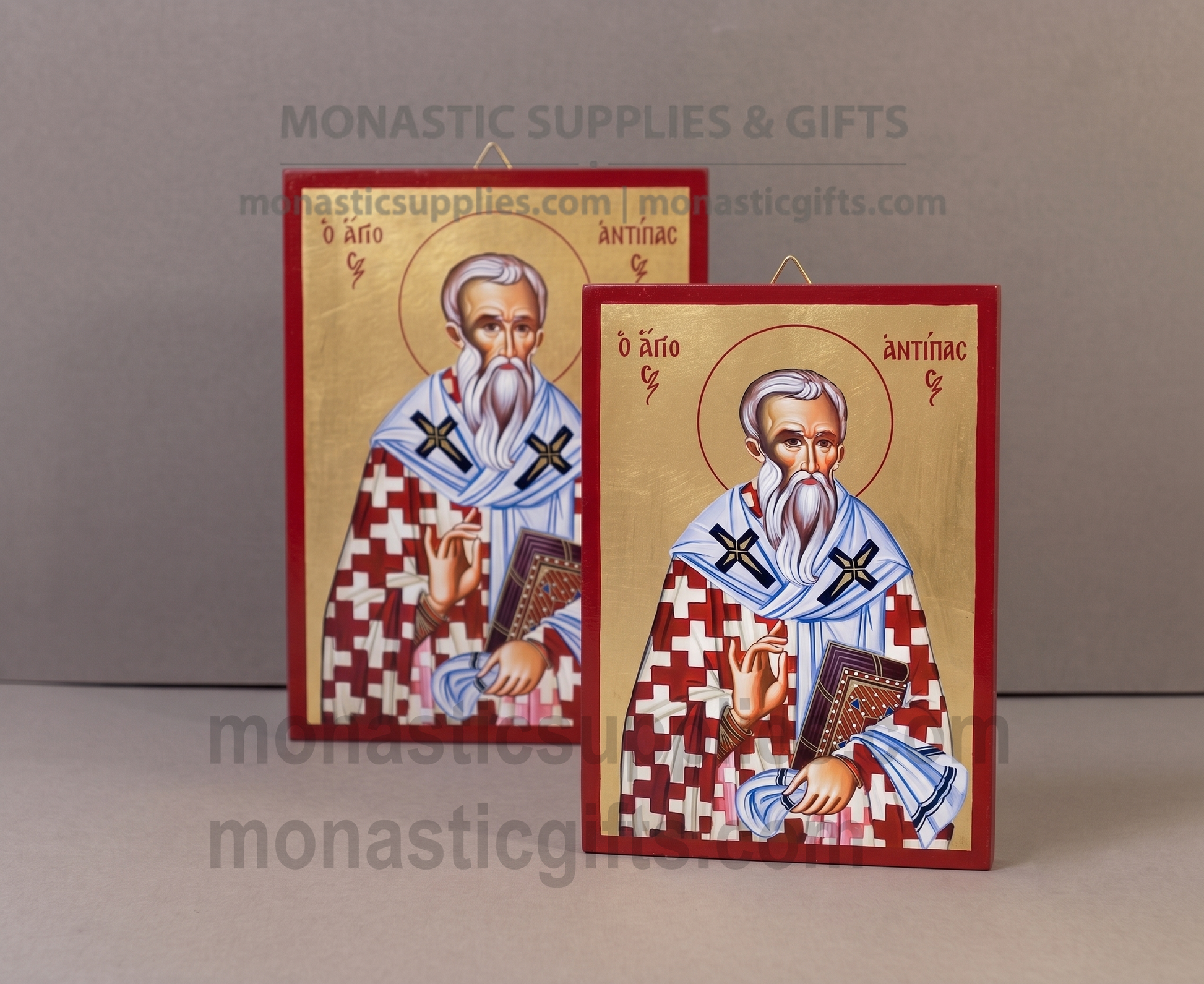 Handcrafted Orthodox gold leaf canvas icon of Saint Antypas on solid wooden panel