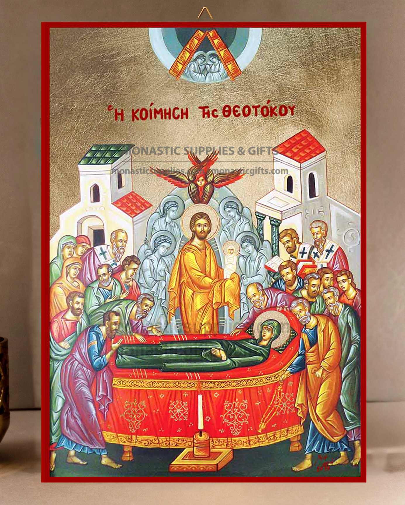 Handcrafted Orthodox gold leaf canvas icon of The Dormition of the Theotokos Koimisis with Christ and Apostles on solid wooden panel