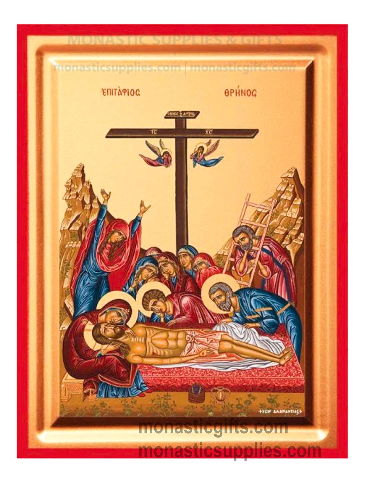 Front view of The Lamentation at the Tomb Epitaphios Threnos silk screen Byzantine icon on gessoed canvas with a rich gold background and red borders