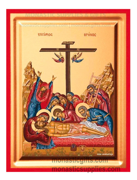 Front view of The Lamentation at the Tomb Epitaphios Threnos silk screen Byzantine icon on gessoed canvas with a rich gold background and red borders