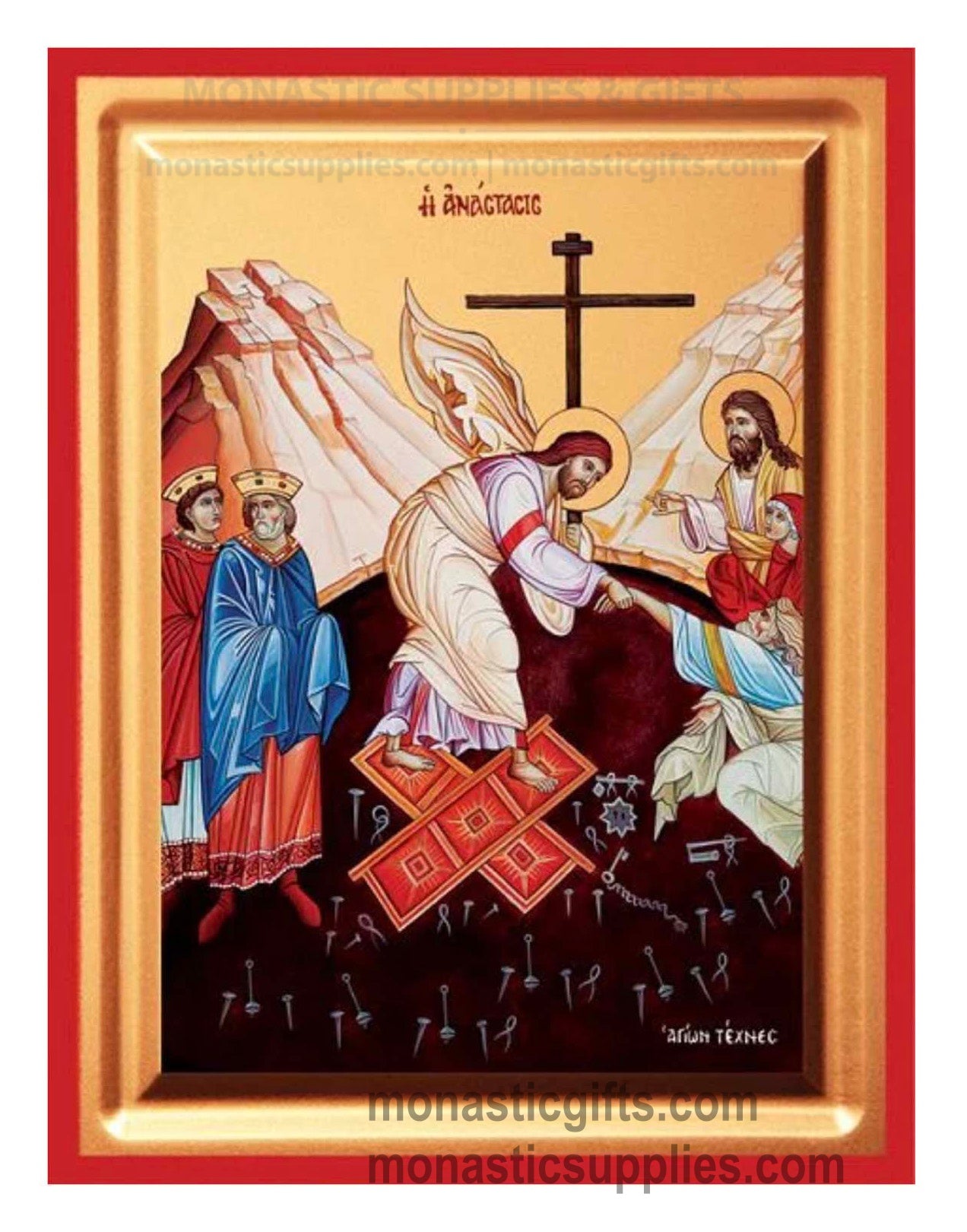 The Resurrection Anastasis Silk Screen Byzantine Icon - Premium Canvas on Red Wooden Panel