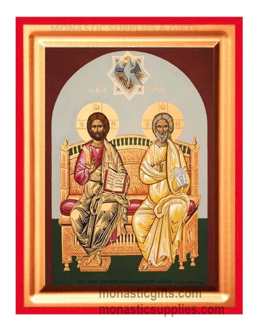 The Holy Trinity Silk Screen Byzantine Icon - Premium Canvas on Red Wooden Panel