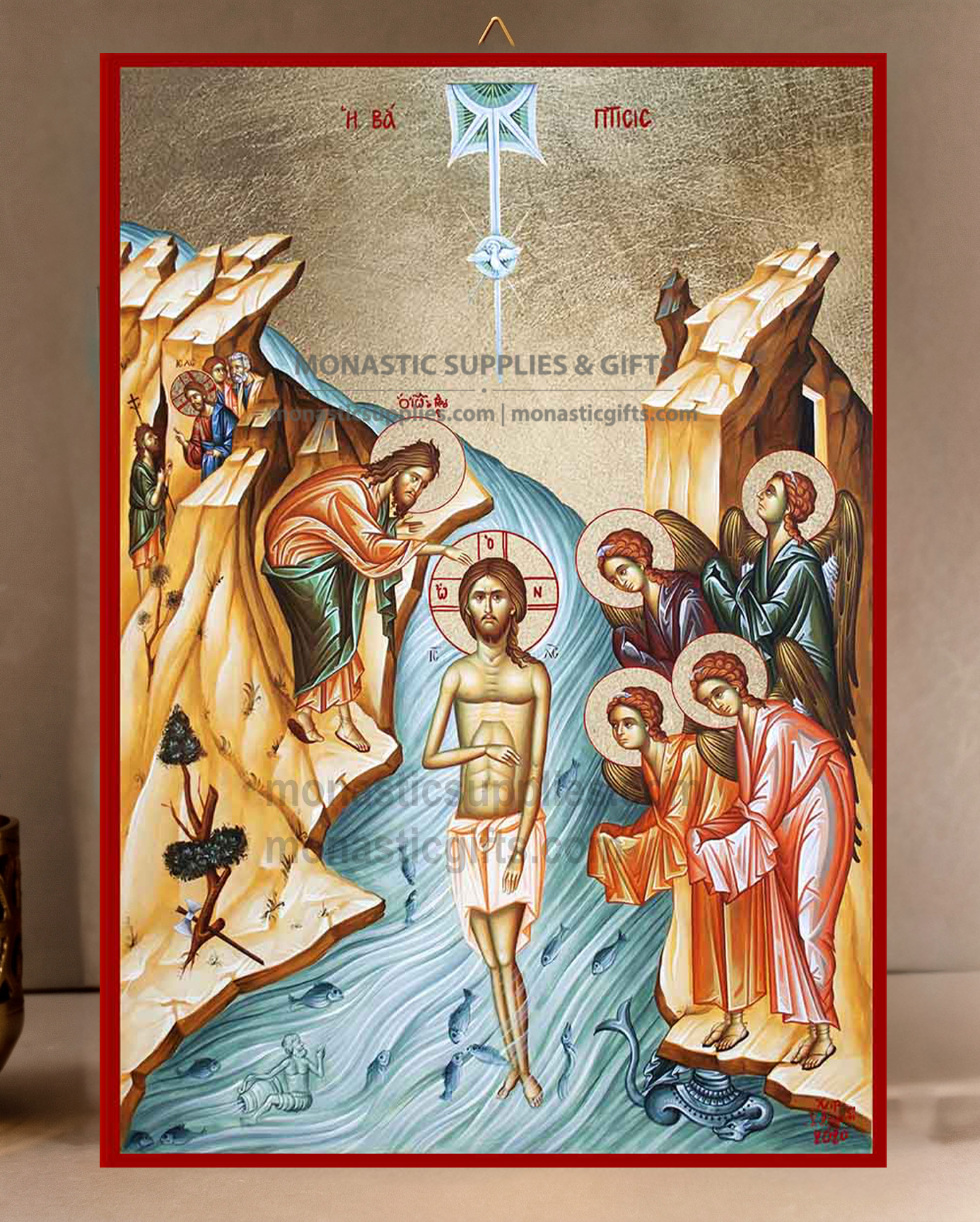 Handcrafted Orthodox gold leaf canvas icon of The Baptism of Christ Theophany Epiphany on solid wooden panel