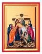 ront view of The Deposition from the Cross Apokathelosis silk screen Byzantine icon on gessoed canvas with a rich gold background and red borders