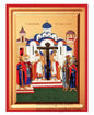 Front view of the Elevation of the Holy Cross silk screen Byzantine icon on gessoed canvas with Constantine and Helen and red borders