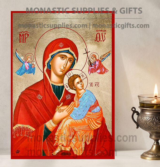 Handcrafted Orthodox gold leaf canvas icon of the Virgin Mary of Awesome Protection Theotokos Fovera Prostasia on solid wooden panel