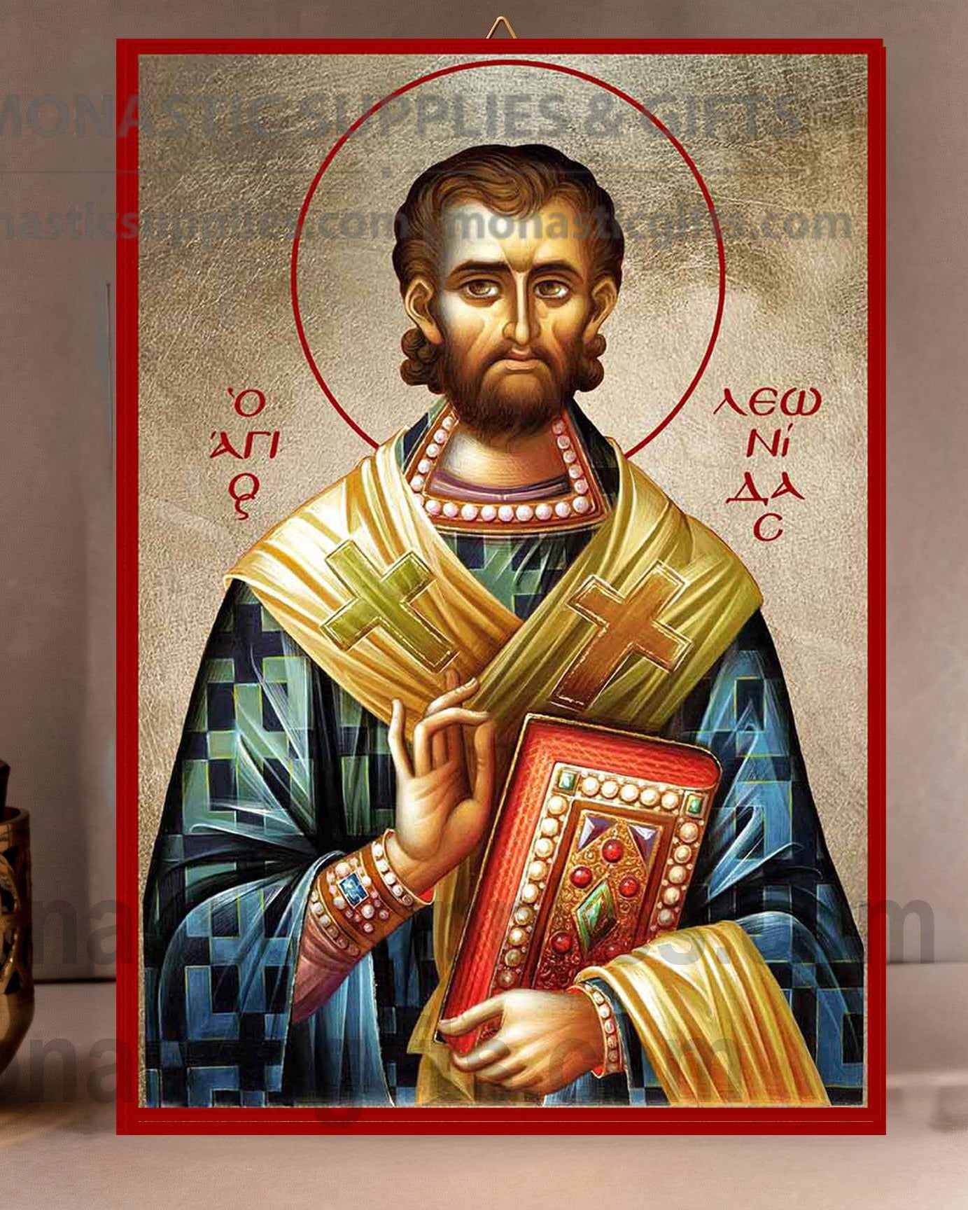 Handcrafted Orthodox gold leaf canvas icon of Saint Leonidas on solid wooden panel