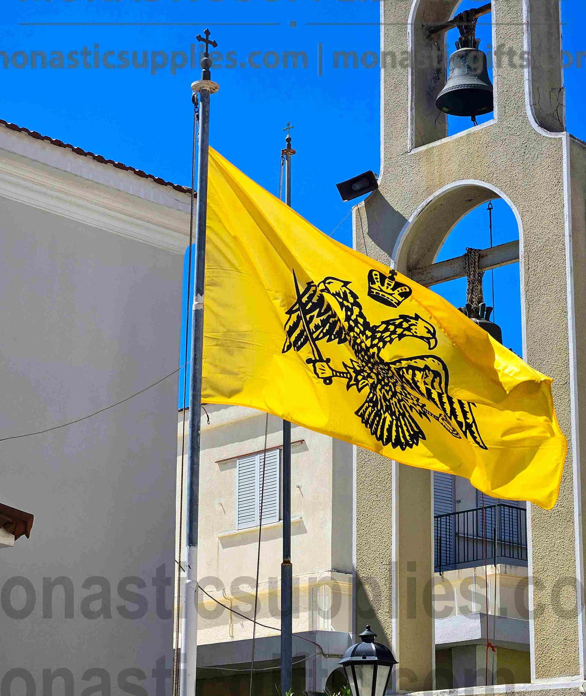 Byzantine double headed eagle gold church flag 150x100 cm (59.06x39.37 in) waving on church flagpole made in Greece
