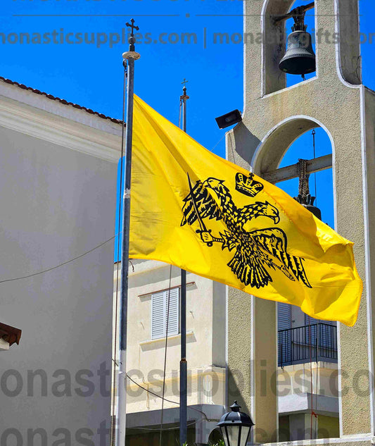 Byzantine double headed eagle gold church flag 150x100 cm (59.06x39.37 in) waving on church flagpole made in Greece