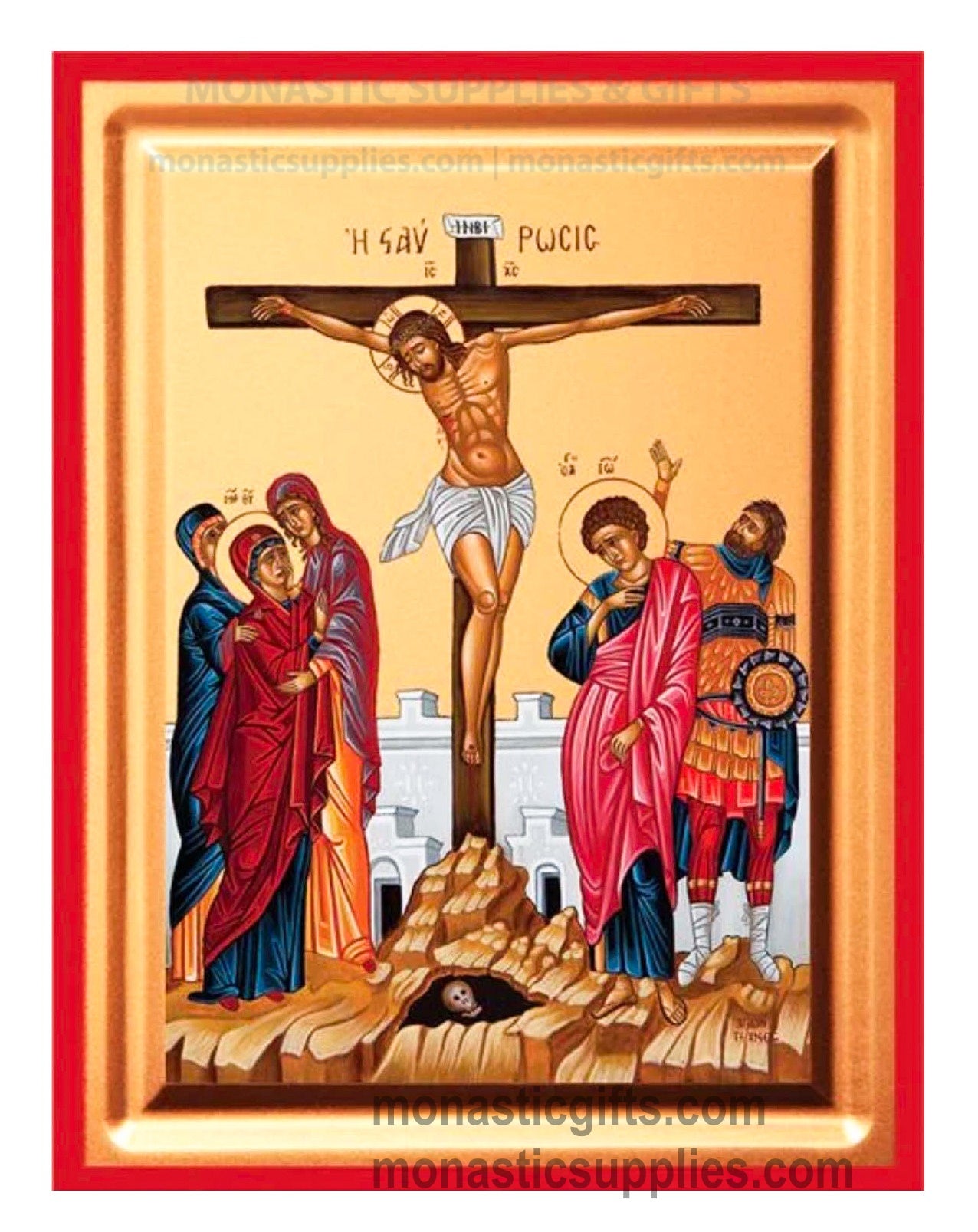 Front view of The Crucifixion of Christ Golgotha silk screen Byzantine icon on gessoed canvas with red borders