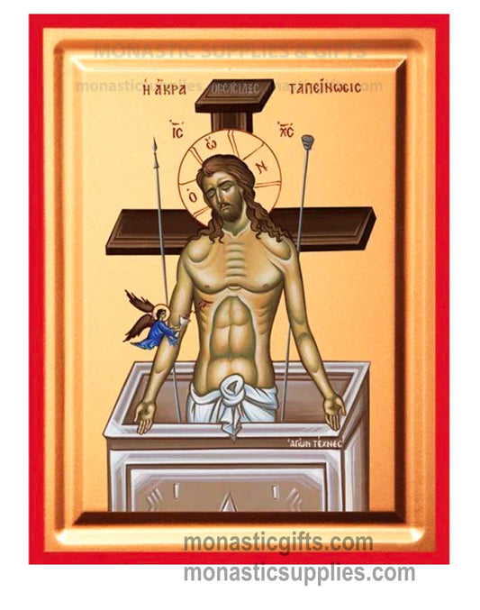 Front view of The Extreme Humility Man of Sorrows silk screen Byzantine icon on wooden panel with red borders
