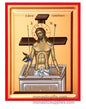 Front view of The Extreme Humility Man of Sorrows silk screen Byzantine icon on wooden panel with red borders