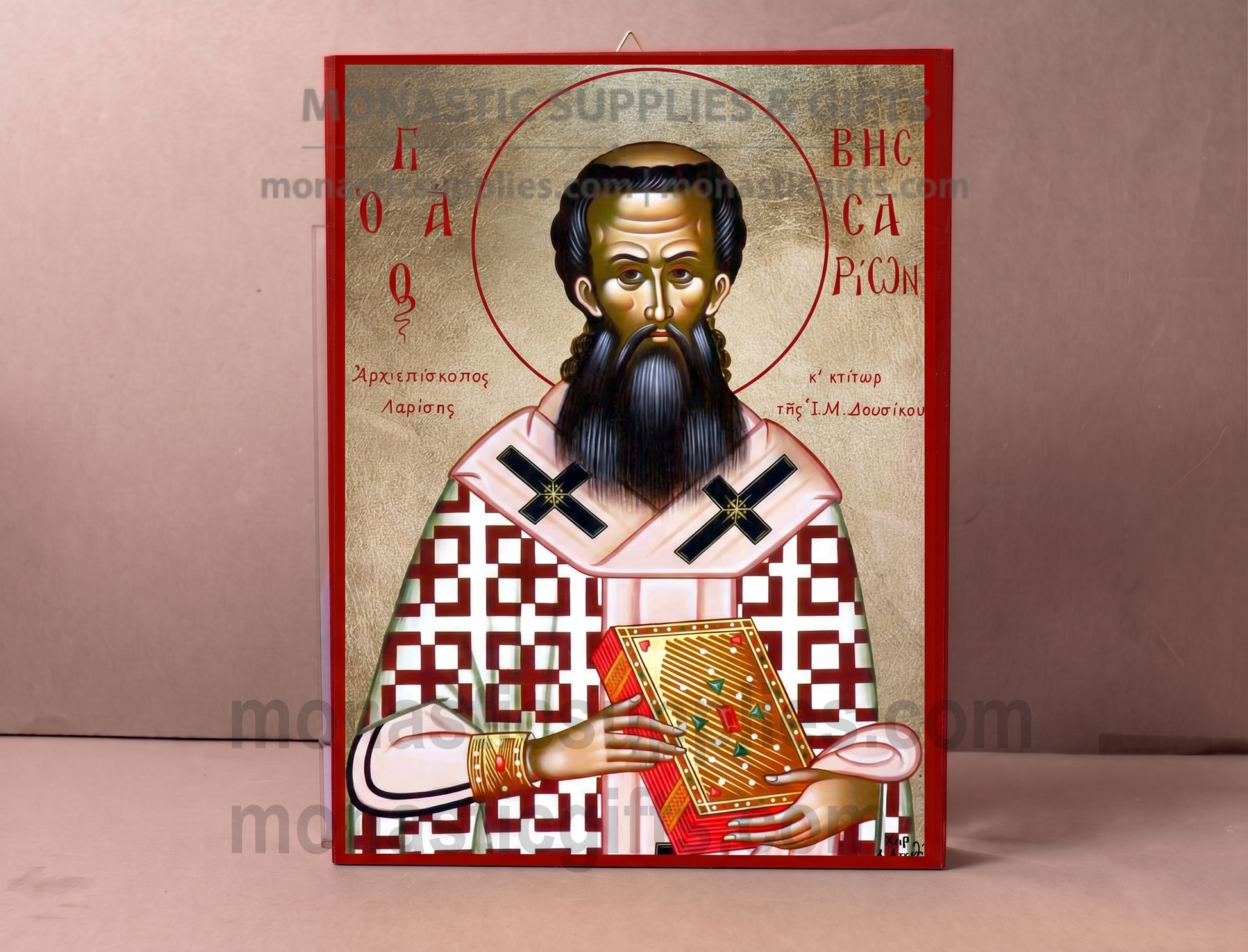 Handcrafted Orthodox gold leaf canvas icon of Saint Bessarion of Larissa on solid wooden panel