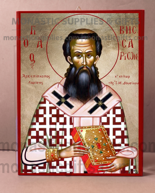 Handcrafted Orthodox gold leaf canvas icon of Saint Bessarion of Larissa on solid wooden panel