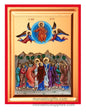 Front view of The Ascension of Our Lord Jesus Christ silk screen Byzantine icon on wooden panel with red borders