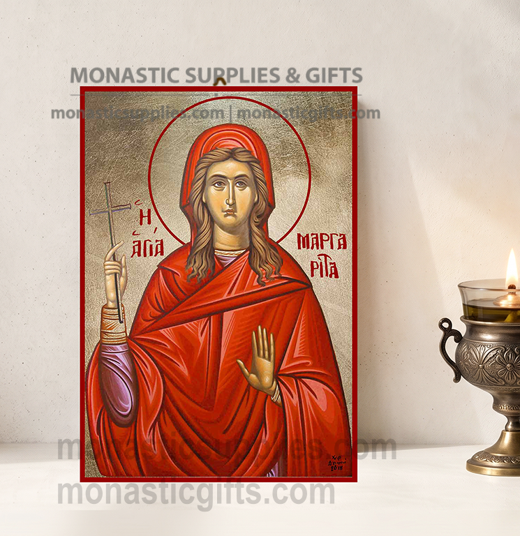Handcrafted Orthodox gold leaf canvas icon of Saint Margaret the Great Martyr on solid wooden panel