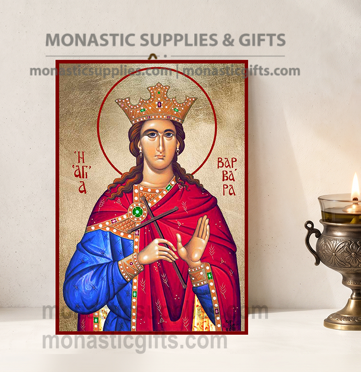 Handcrafted Orthodox gold leaf canvas icon of Saint Barbara the Great Martyr on solid wooden panel