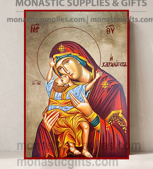 Handcrafted Orthodox gold leaf canvas icon of the Virgin Mary Kardiotissa Our Lady of Perpetual Help on solid wooden panel