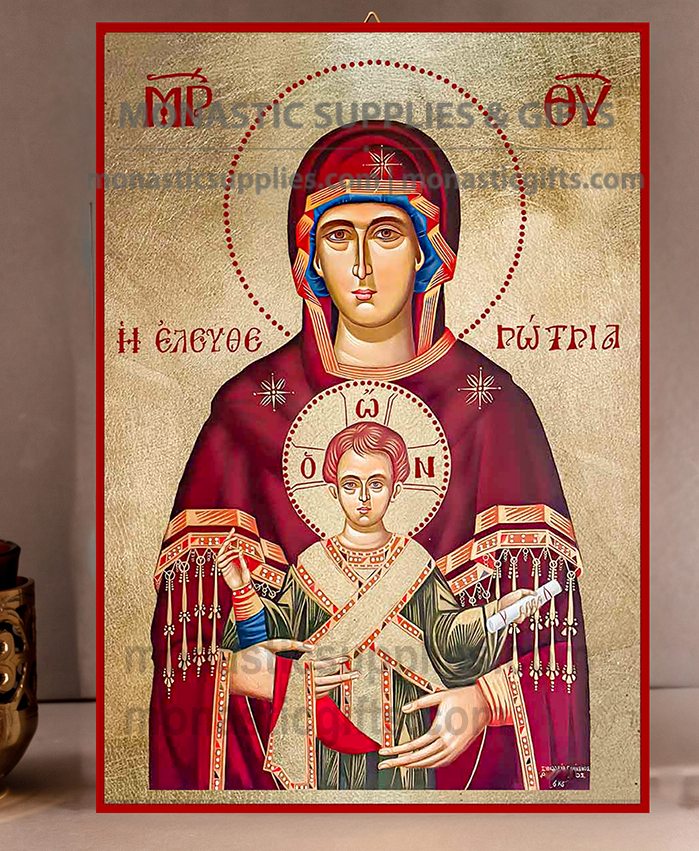 Handcrafted Orthodox gold leaf canvas icon of the Virgin Mary the Deliverer Theotokos Eleftherotria on solid wooden panel
