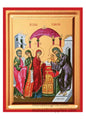 Front view of The Presentation of Christ in the Temple Ypapanti gold leaf wooden Byzantine icon with red borders