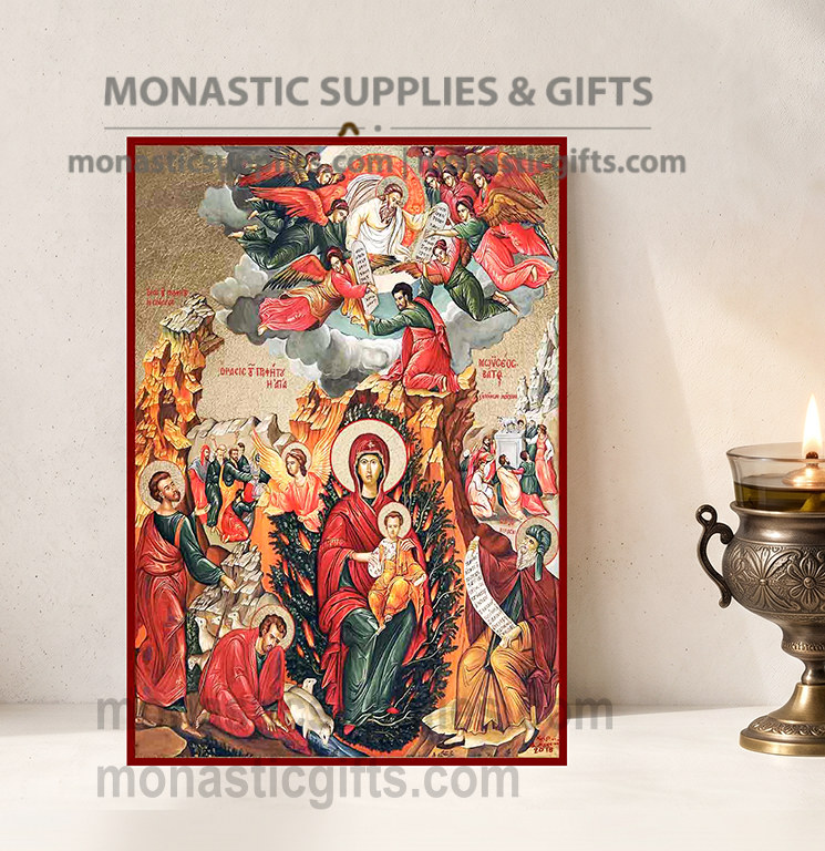 Handcrafted Orthodox gold leaf canvas icon of the Virgin Mary of the Unburnt Burning Bush with Prophet Moses on solid wooden panel