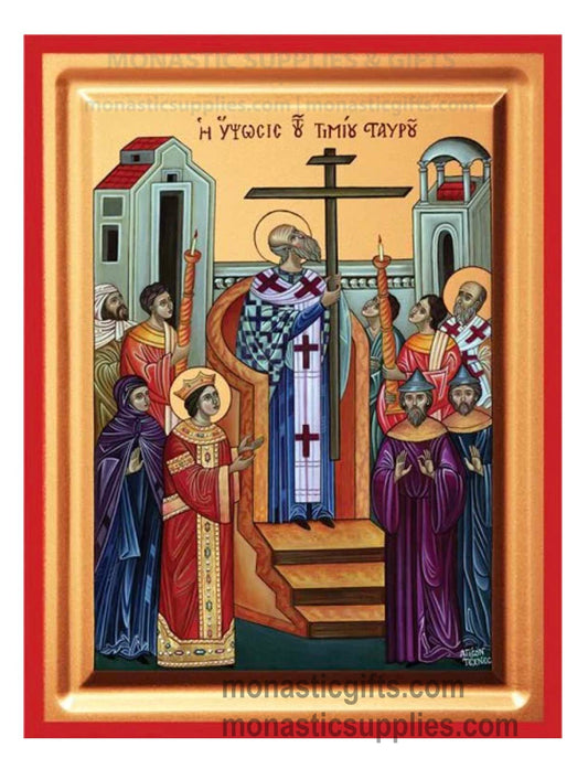 Front view of the Elevation of the Holy Cross gold leaf wooden Byzantine icon with red borders