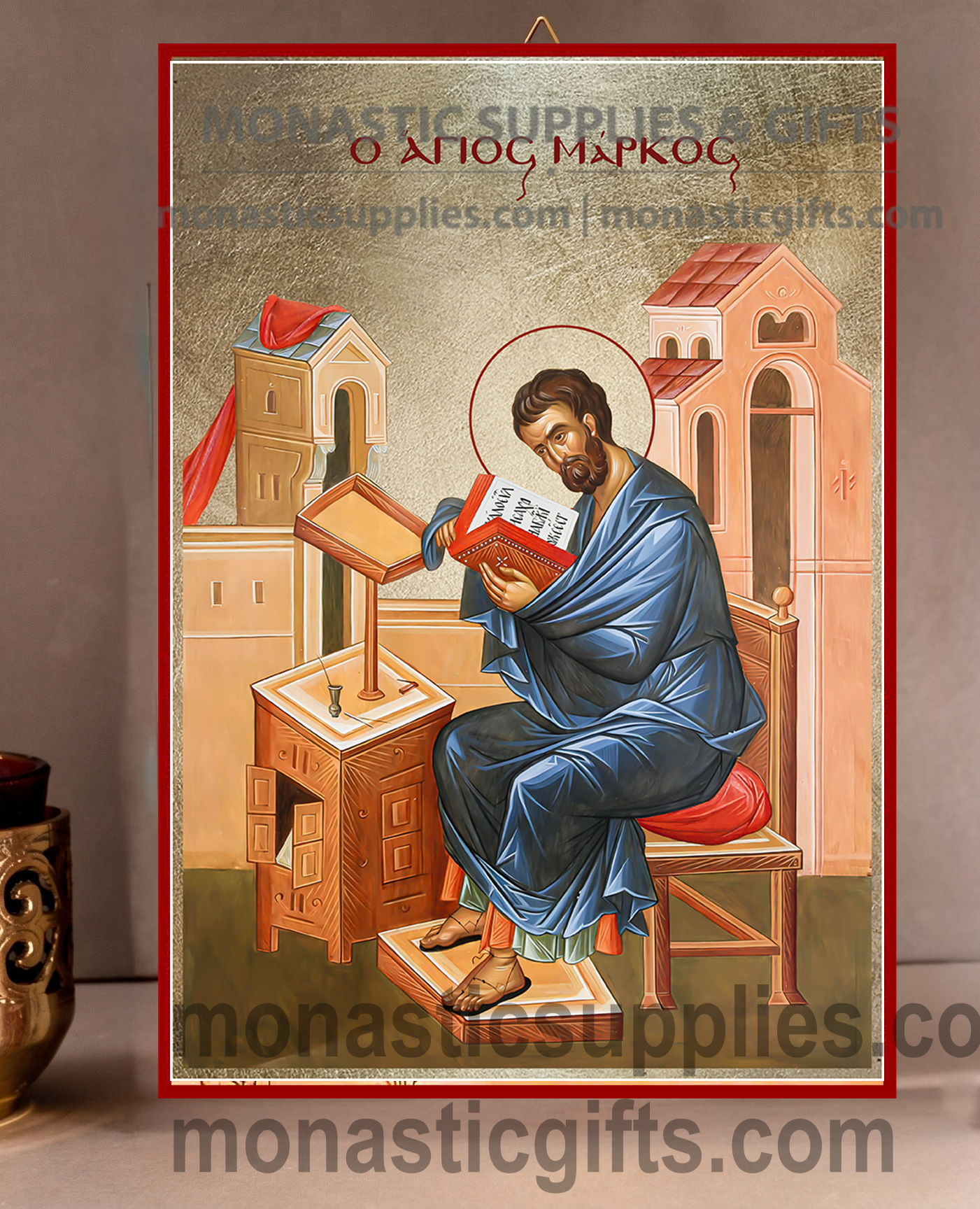 Handcrafted Orthodox gold leaf canvas icon of Saint Mark the Evangelist patron of writers and notaries on solid wooden panel