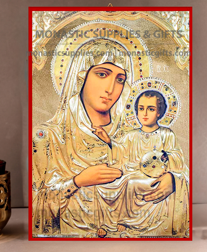 Handcrafted Orthodox gold leaf canvas icon of the Virgin Mary of Jerusalem Theotokos Ierosolymitissa on solid wooden panel
