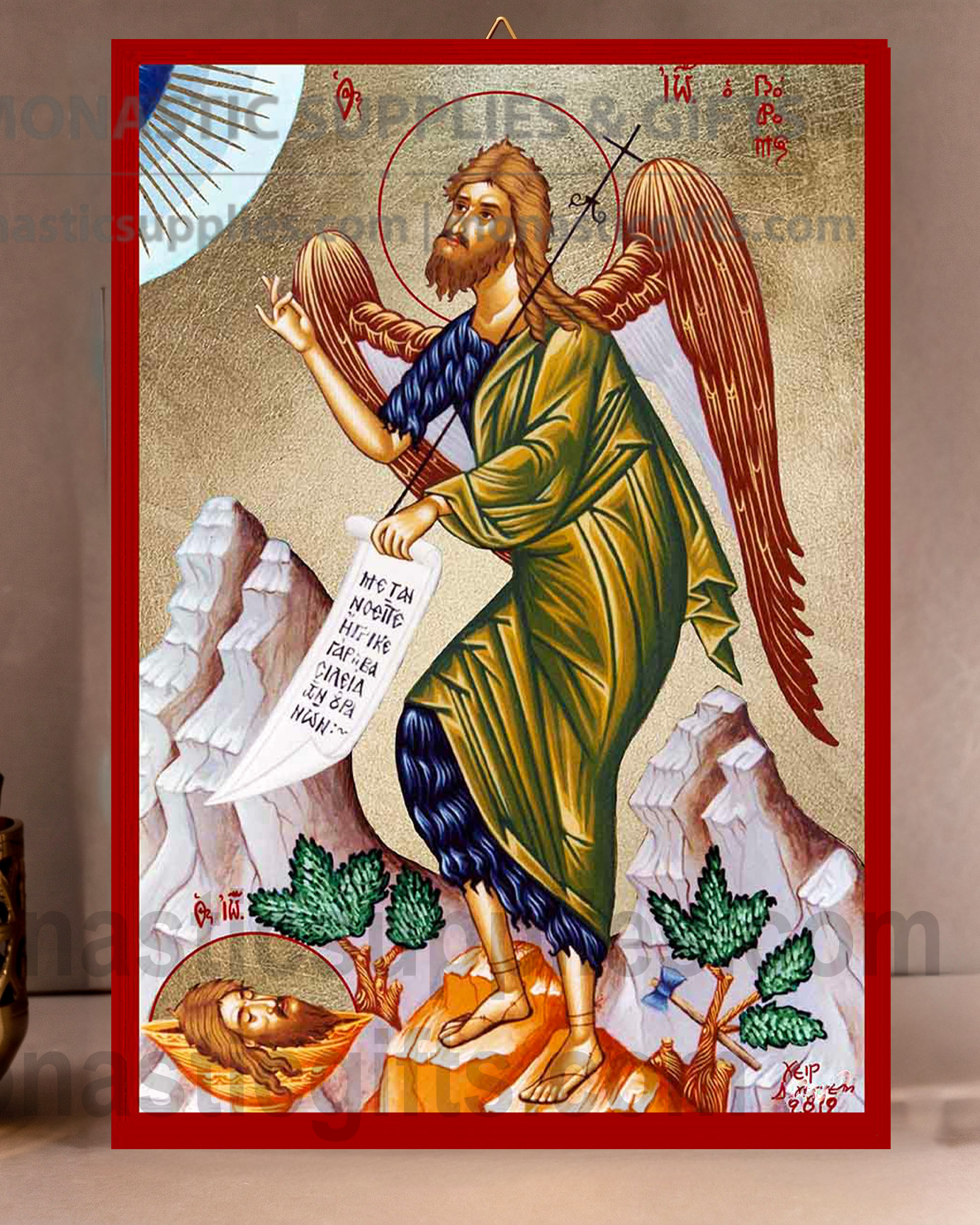 Handcrafted Orthodox gold leaf canvas icon of Saint John the Baptist with wings on solid wooden panel