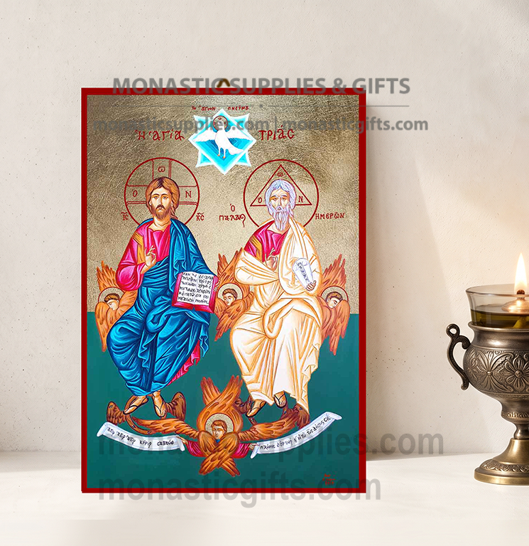 Handcrafted Orthodox gold leaf canvas icon of the Holy Trinity Hospitality of Abraham with Sarah and Abraham on solid wooden panel
