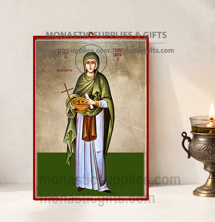 Handcrafted Orthodox gold leaf canvas icon of Saint Paraskevi the Great Martyr and Healer of the Blind on solid wooden panel