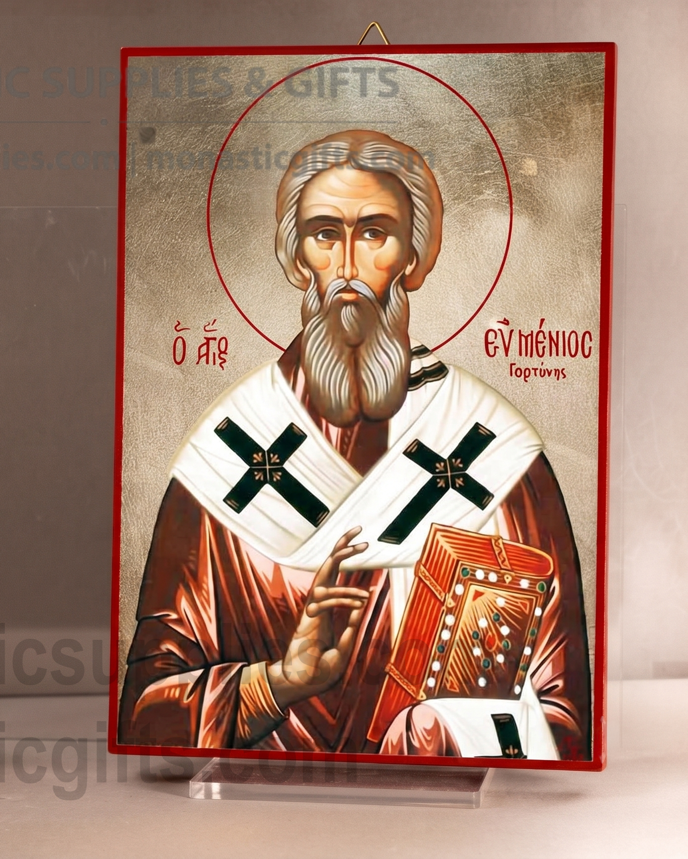 Handcrafted Orthodox gold leaf canvas icon of Saint Eumenios on solid wooden panel