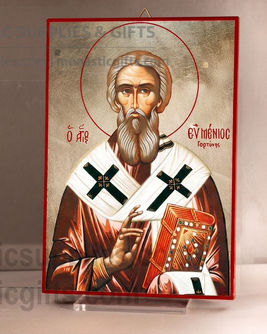 Handcrafted Orthodox gold leaf canvas icon of Saint Eumenios on solid wooden panel