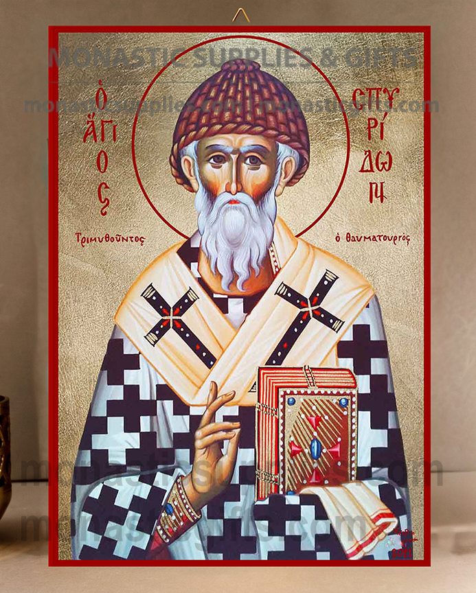 Handcrafted Orthodox gold leaf canvas icon of Saint Spyridon the Wonderworker patron of the poor and Corfu on solid wooden panel