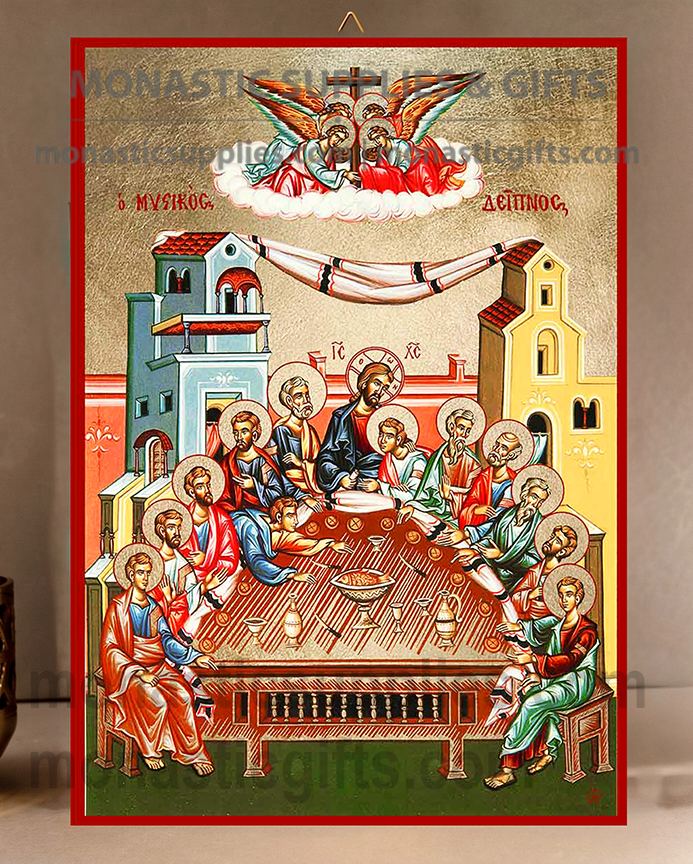 Handcrafted Orthodox gold leaf canvas icon of The Mystical Supper Last Supper with Christ and Apostles on solid wooden panel