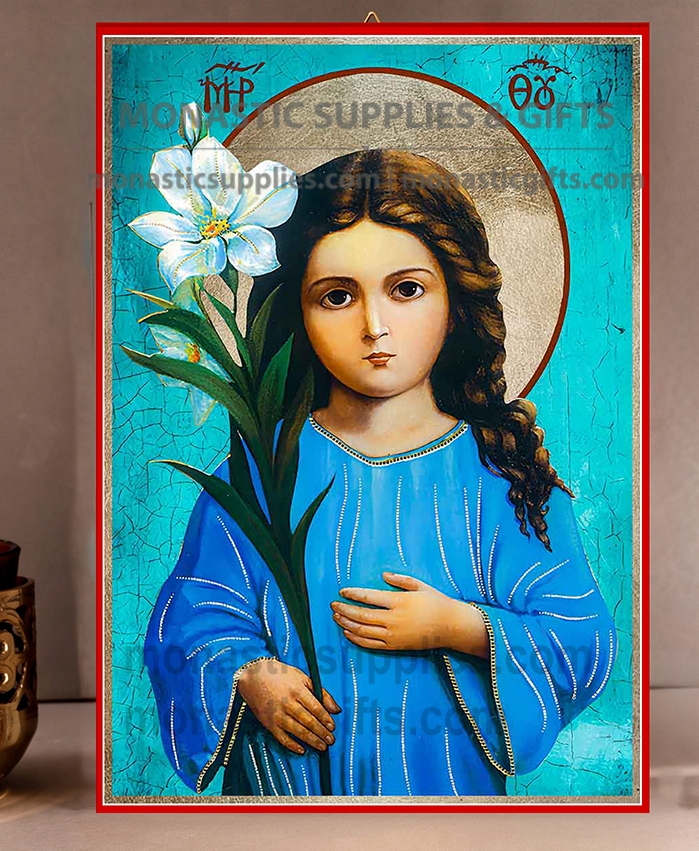 Handcrafted Orthodox gold leaf canvas icon of the Child Virgin Mary at three years old holding a white lily on solid wooden panel