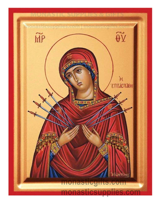 Virgin Mary Seven Swords Eptaspathi gold leaf wooden Byzantine icon with red borders