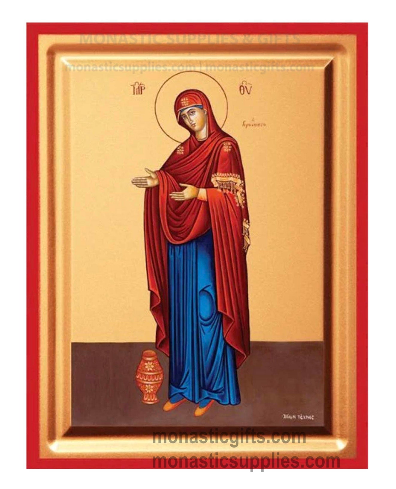Virgin Mary Gerontissa The Eldress gold leaf wooden Byzantine icon with red borders