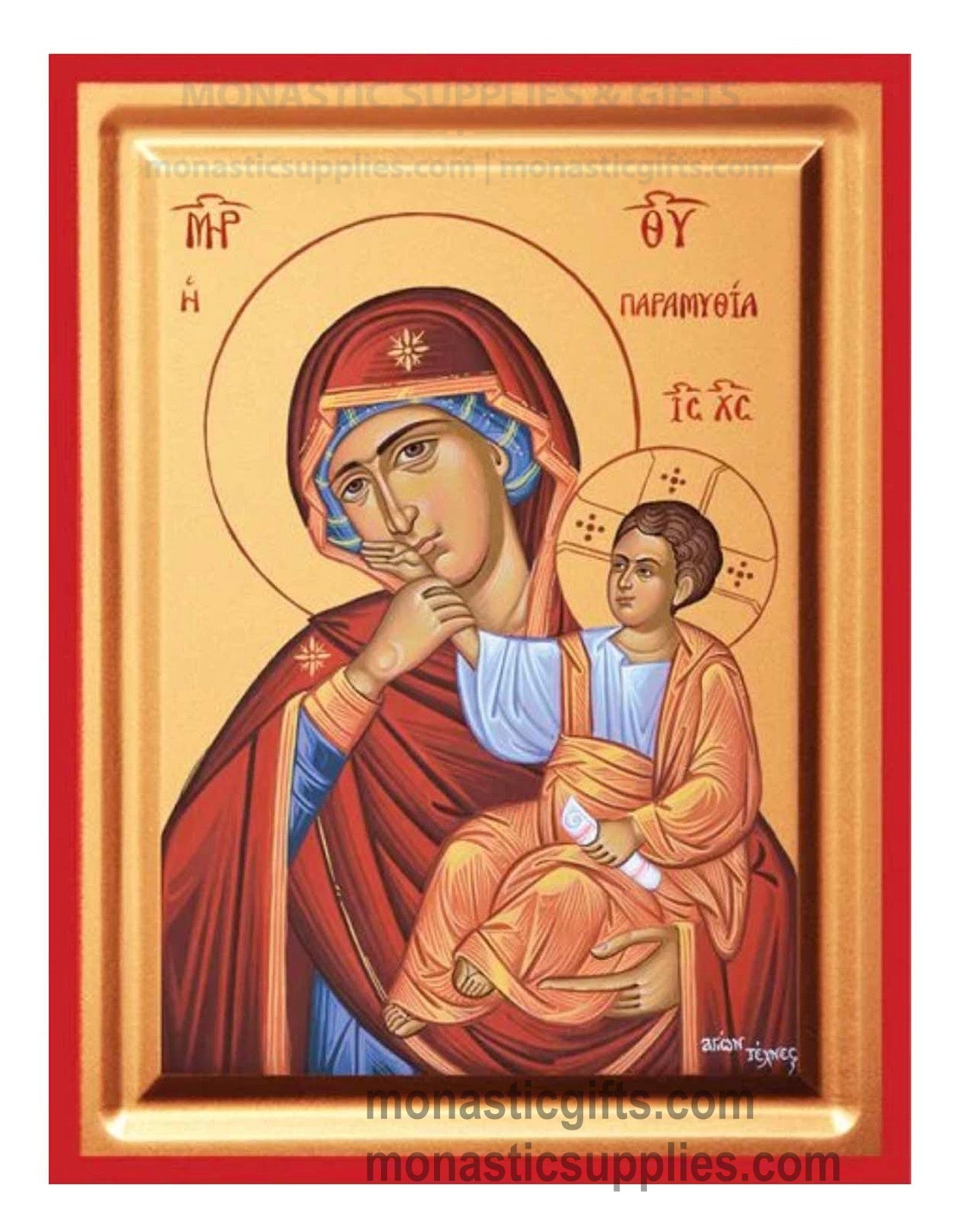 Virgin Mary Paramythia Comfort gold leaf wooden Byzantine icon with red borders