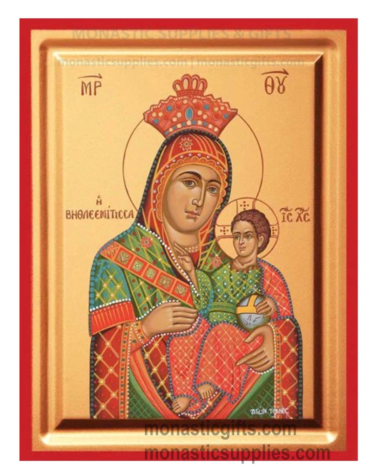 Virgin Mary of Bethlehem Vithleemitissa smiling gold leaf wooden Byzantine icon