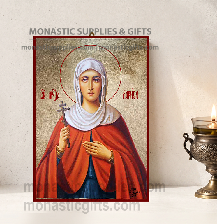 Handcrafted Orthodox gold leaf canvas icon of Saint Larissa the Martyr on solid wooden panel