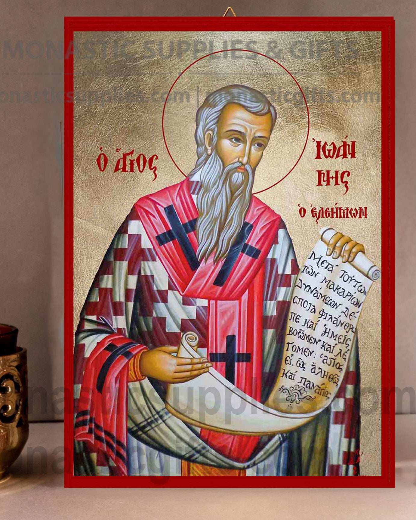 Handcrafted Orthodox gold leaf canvas icon of Saint John the Merciful on solid wooden panel