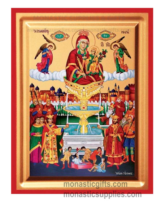 Virgin Mary the Life Giving Spring Font gold leaf wooden Byzantine icon