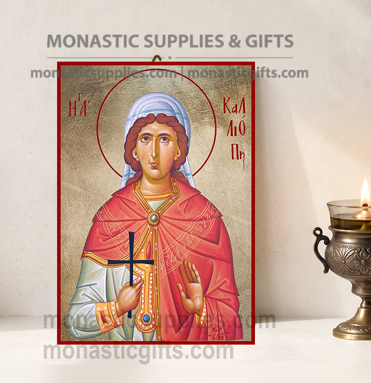 Handcrafted Orthodox gold leaf canvas icon of Saint Kalliopi the Holy Martyr on solid wooden panel