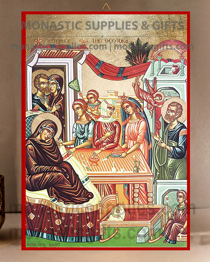 Handcrafted Orthodox gold leaf canvas icon of The Nativity of the Theotokos with Saints Joachim and Anna on solid wooden panel